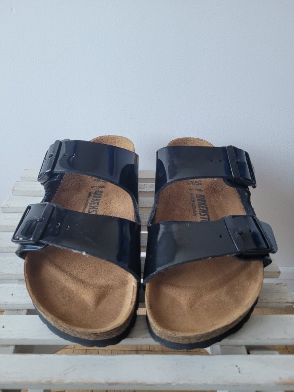 Birkenstock Arizona Birko-Flor Black Patent Sandals-Size 39